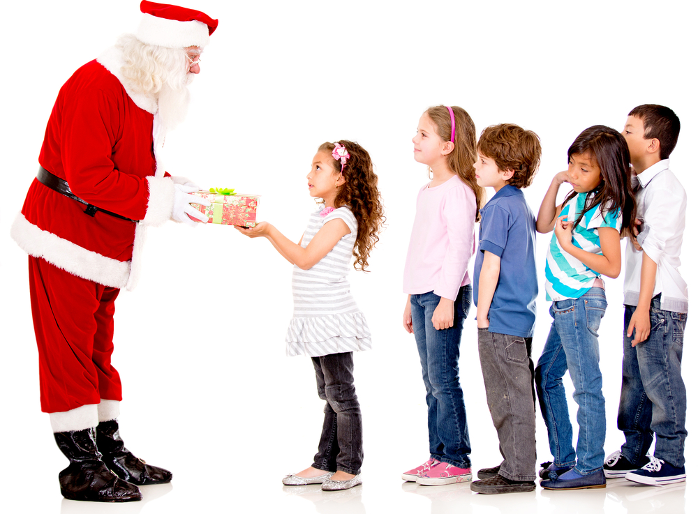 Santa giving Christmas presents to a group of kids lining up - isolated